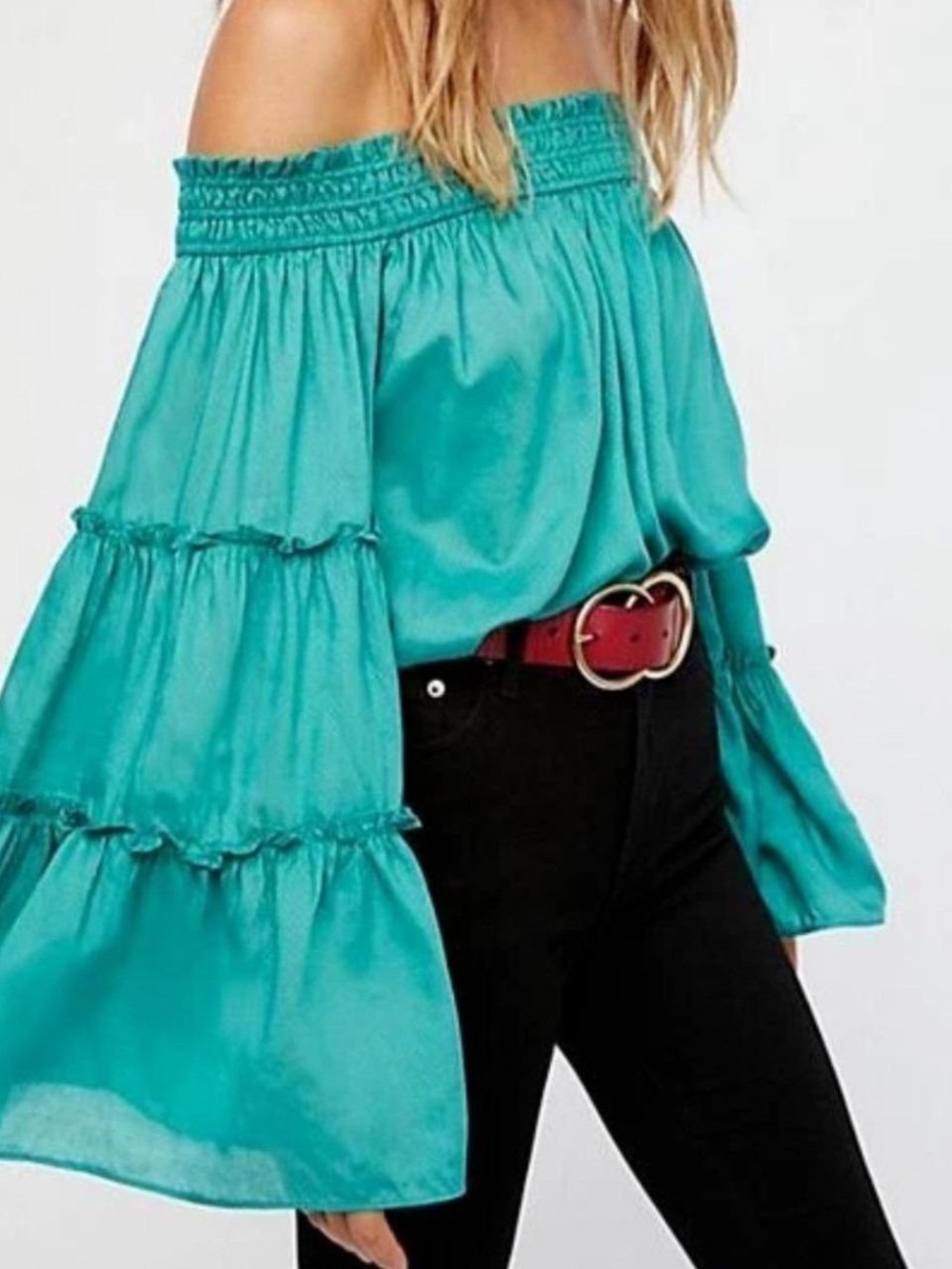 Free People Free Spirit Teal Off-Shoulder Bell Sleeve Top